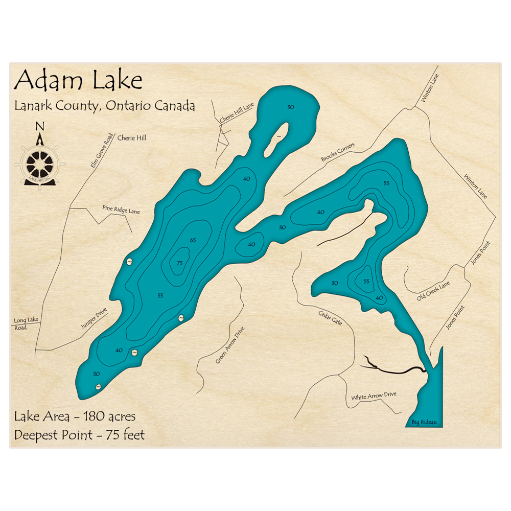 Bathymetric topo map of Adam Lake with roads, towns and depths noted in blue water