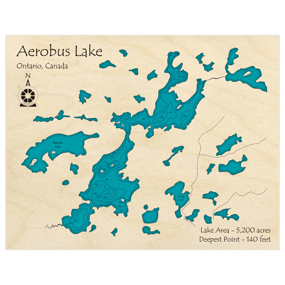 Bathymetric topo map of Aerobus Lake with roads, towns and depths noted in blue water