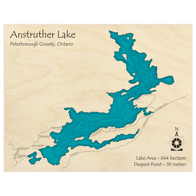 Bathymetric topo map of Anstruther Lake (in Meters) with roads, towns and depths noted in blue water