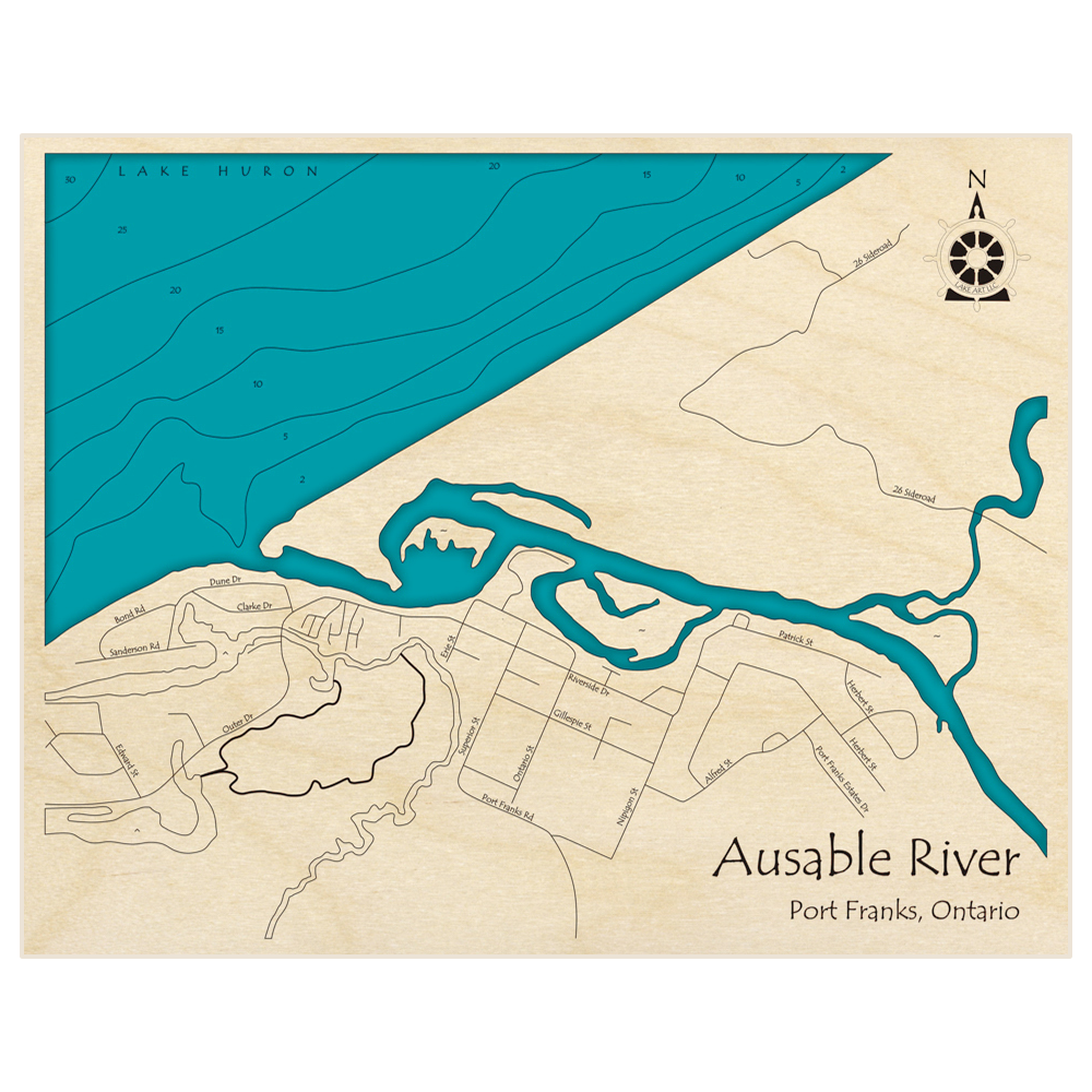 Bathymetric topo map of Ausable River at Port Franks with roads, towns and depths noted in blue water