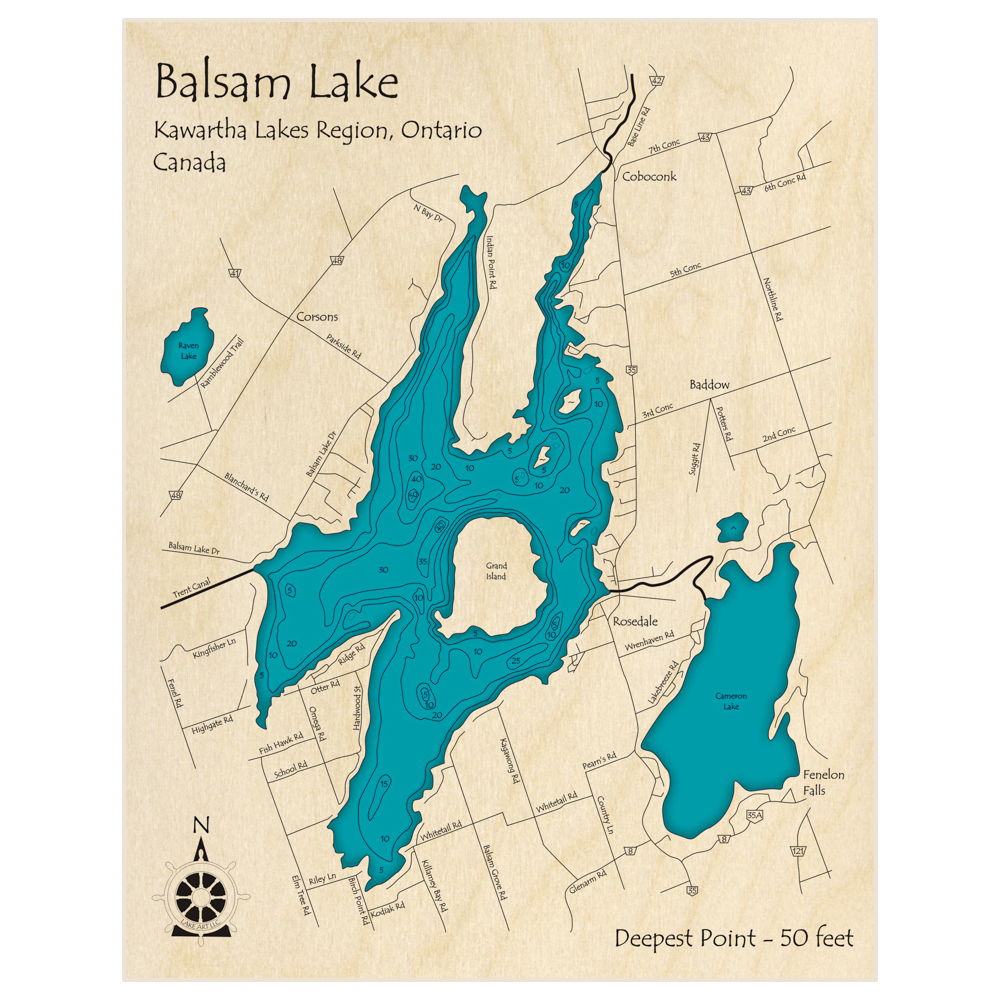 Bathymetric topo map of Balsam Lake with roads, towns and depths noted in blue water