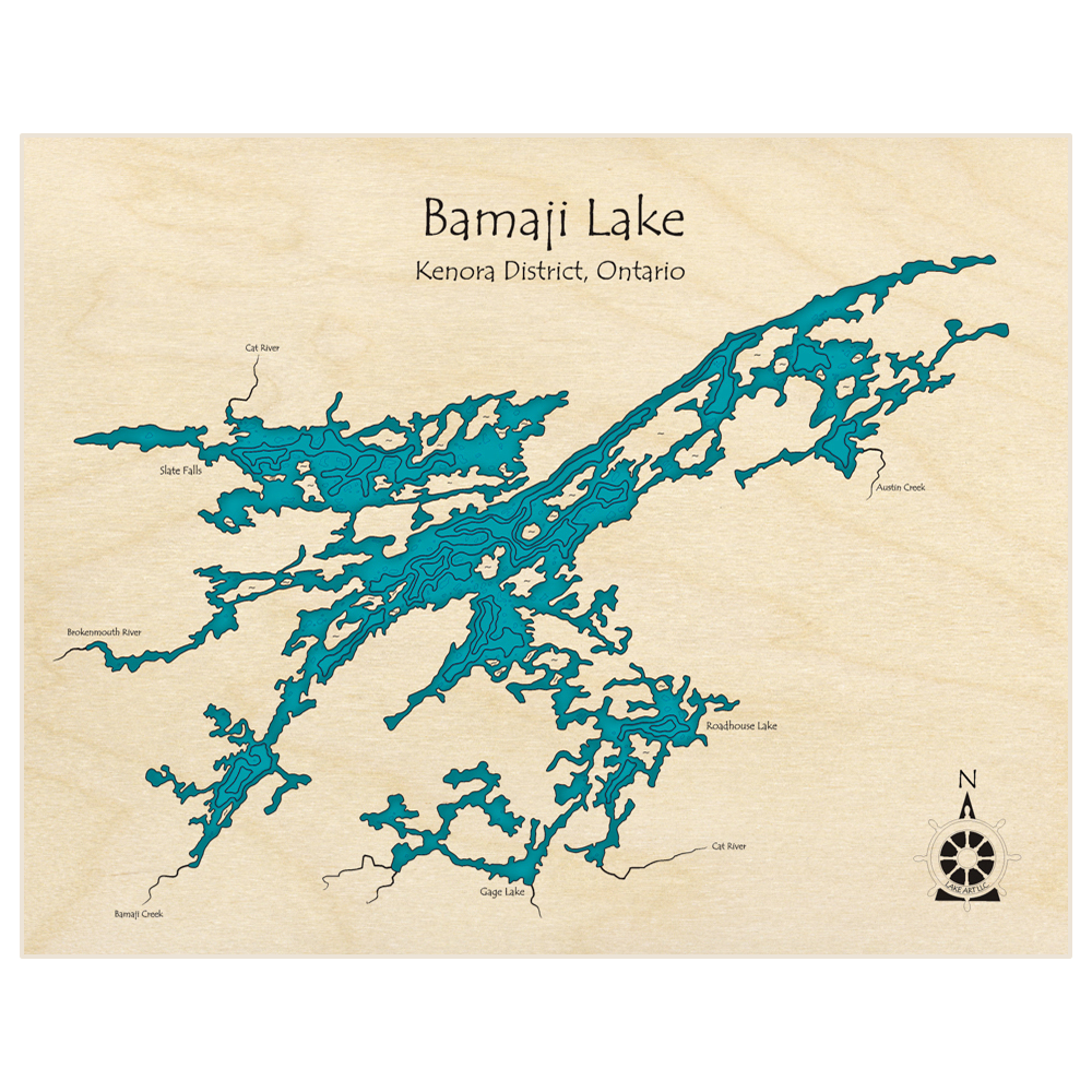 Bathymetric topo map of Bamaji Lake  with roads, towns and depths noted in blue water