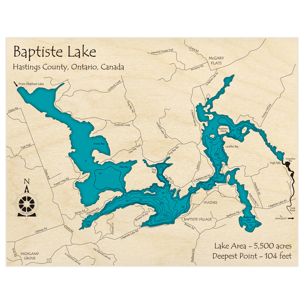 Bathymetric topo map of Baptiste Lake with roads, towns and depths noted in blue water