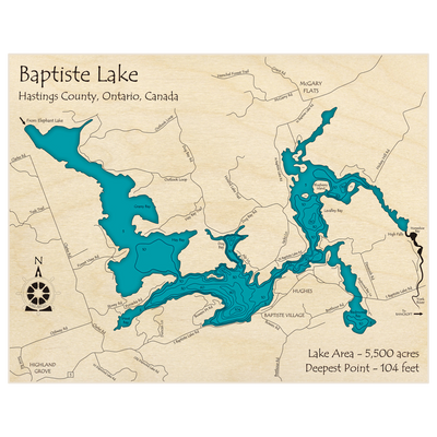 Bathymetric topo map of Baptiste Lake with roads, towns and depths noted in blue water