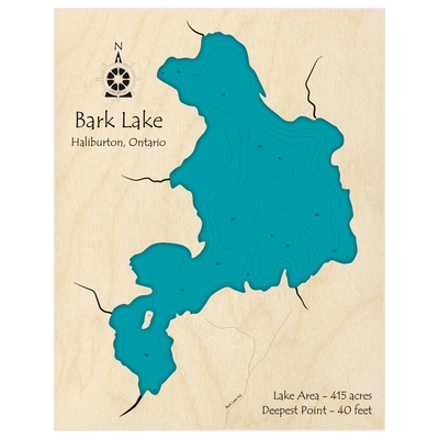 Bathymetric topo map of Bark Lake with roads, towns and depths noted in blue water