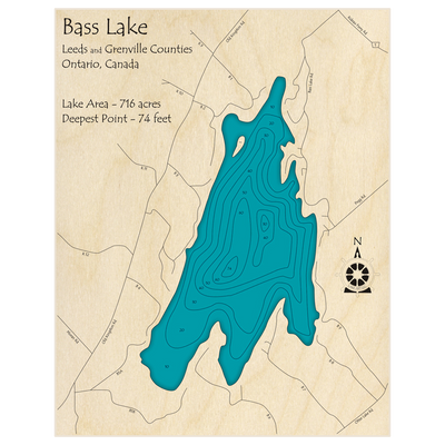 Bathymetric topo map of Bass Lake with roads, towns and depths noted in blue water