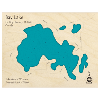 Bathymetric topo map of Bay Lake with roads, towns and depths noted in blue water