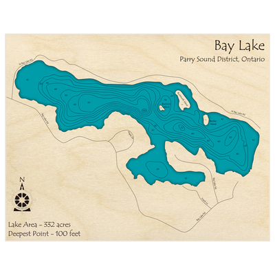 Bathymetric topo map of Bay Lake with roads, towns and depths noted in blue water