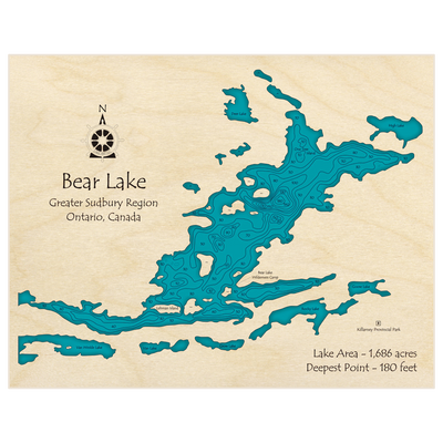 Bathymetric topo map of Bear Lake with roads, towns and depths noted in blue water