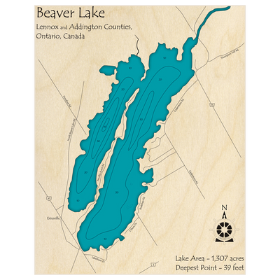 Bathymetric topo map of Beaver Lake with roads, towns and depths noted in blue water