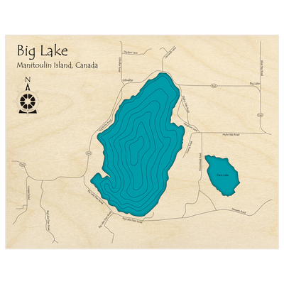 Bathymetric topo map of Big Lake  with roads, towns and depths noted in blue water