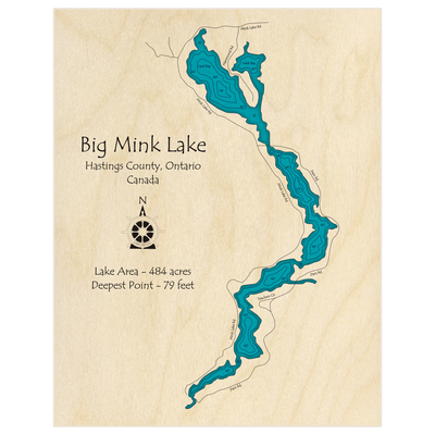 Bathymetric topo map of Big Mink Lake with roads, towns and depths noted in blue water