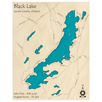 Bathymetric topo map of Black Lake with roads, towns and depths noted in blue water