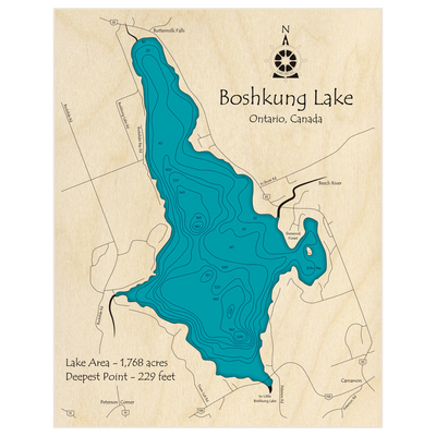 Bathymetric topo map of Boshkung Lake with roads, towns and depths noted in blue water