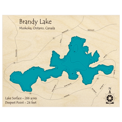 Bathymetric topo map of Brandy Lake with roads, towns and depths noted in blue water