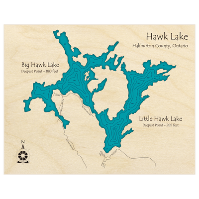 Bathymetric topo map of Big and Little Hawk Lakes with roads, towns and depths noted in blue water