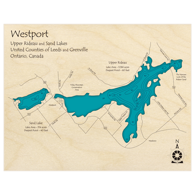 Bathymetric topo map of Westport – Rideau Lake (Upper with Sand Lake) with roads, towns and depths noted in blue water