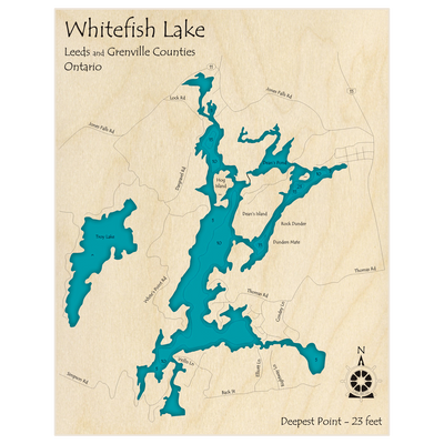 Bathymetric topo map of Whitefish Lake with roads, towns and depths noted in blue water