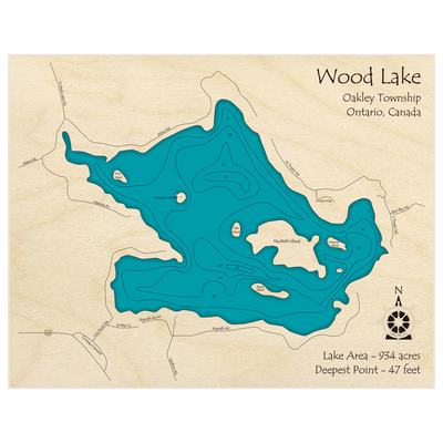 Bathymetric topo map of Wood Lake with roads, towns and depths noted in blue water