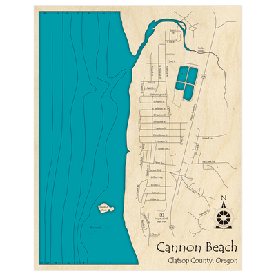 Bathymetric topo map of Cannon Beach with roads, towns and depths noted in blue water