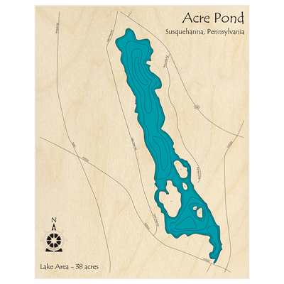 Bathymetric topo map of Acre Pond  with roads, towns and depths noted in blue water