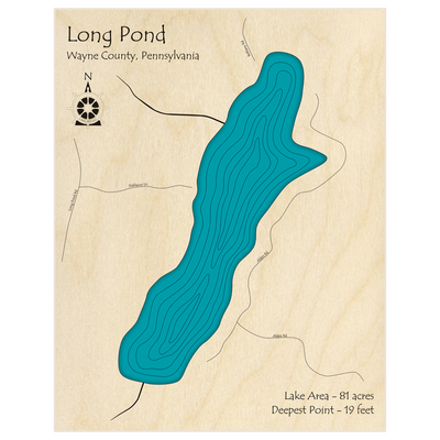 Bathymetric topo map of Alden Pond (Long Pond)  with roads, towns and depths noted in blue water