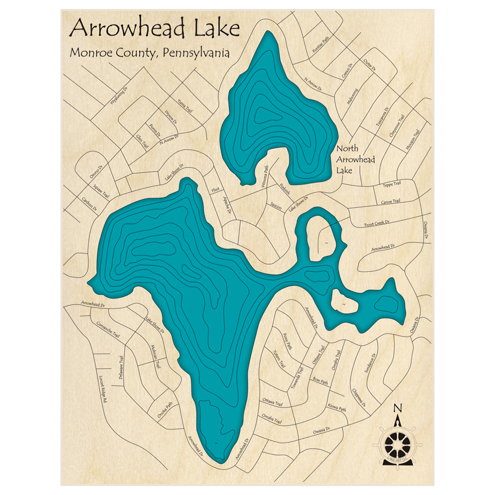 Bathymetric topo map of Arrowhead with North Arrowhead  with roads, towns and depths noted in blue water