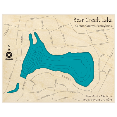 Bathymetric topo map of Bear Creek Lake with roads, towns and depths noted in blue water