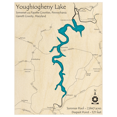 Bathymetric topo map of Youghiogheny Lake  with roads, towns and depths noted in blue water