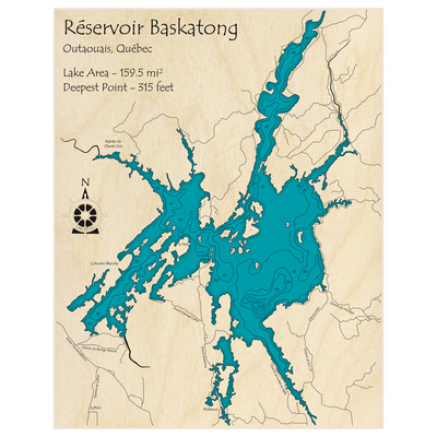 Bathymetric topo map of Baskatong Lake with roads, towns and depths noted in blue water