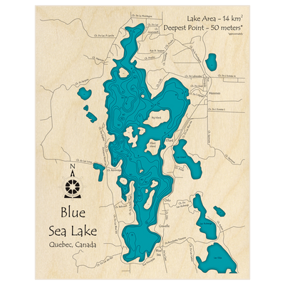 Bathymetric topo map of Blue Sea Lake with roads, towns and depths noted in blue water