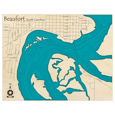 Bathymetric topo map of Beaufort (zoomed in) (Hwy 21 Bridge Area) with roads, towns and depths noted in blue water