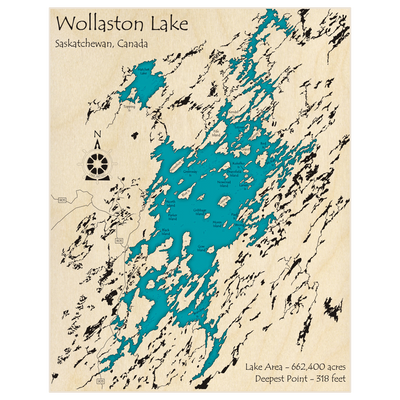 Bathymetric topo map of Wollaston Lake with roads, towns and depths noted in blue water