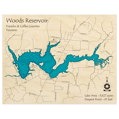 Bathymetric topo map of Woods Reservoir with roads, towns and depths noted in blue water