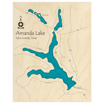 Bathymetric topo map of Amanda Lake  with roads, towns and depths noted in blue water