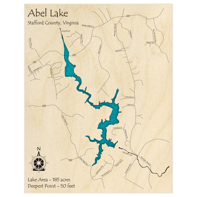 Bathymetric topo map of Abel Lake with roads, towns and depths noted in blue water