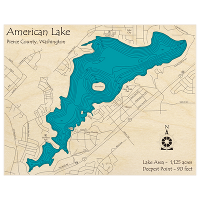 Bathymetric topo map of American Lake with roads, towns and depths noted in blue water