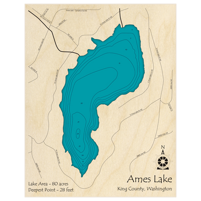 Bathymetric topo map of Ames Lake with roads, towns and depths noted in blue water