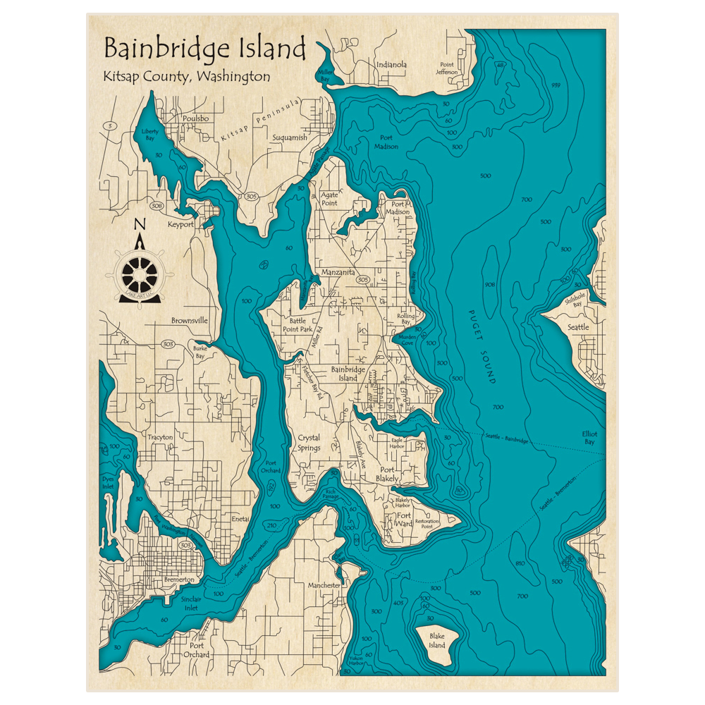 Bathymetric topo map of Bainbridge Island with roads, towns and depths noted in blue water