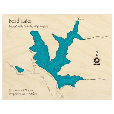 Bathymetric topo map of Bead Lake with roads, towns and depths noted in blue water