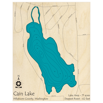 Bathymetric topo map of Cain Lake with roads, towns and depths noted in blue water