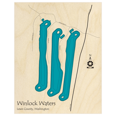 Bathymetric topo map of Winlock Waters  with roads, towns and depths noted in blue water