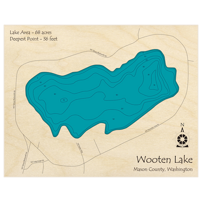 Bathymetric topo map of Wooten Lake with roads, towns and depths noted in blue water