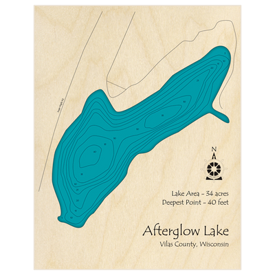 Bathymetric topo map of Afterglow Lake with roads, towns and depths noted in blue water