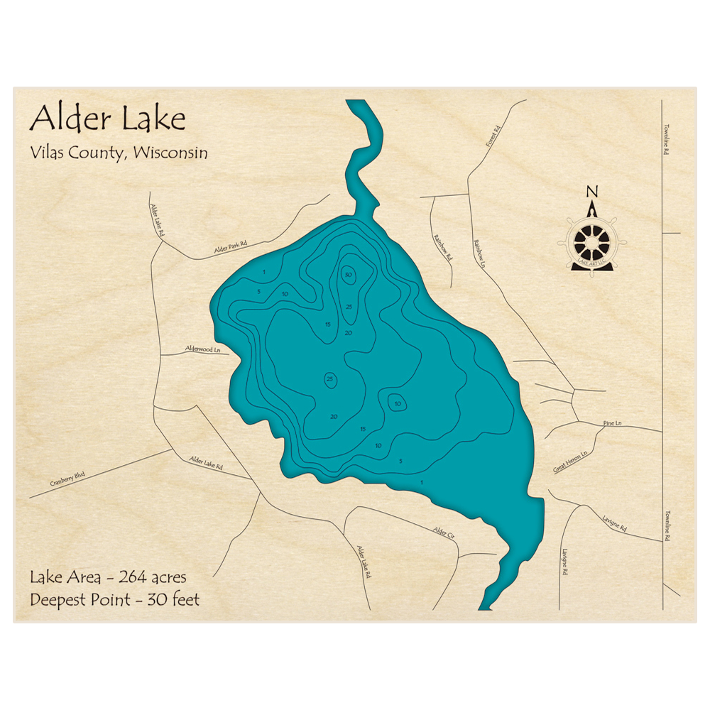 Bathymetric topo map of Alder Lake with roads, towns and depths noted in blue water