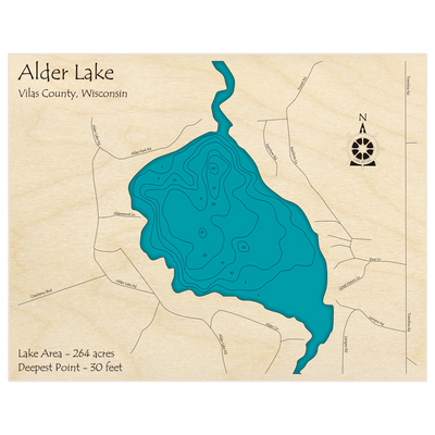 Bathymetric topo map of Alder Lake with roads, towns and depths noted in blue water