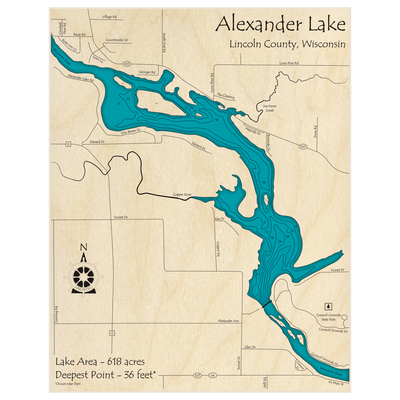 Bathymetric topo map of Alexander Lake with roads, towns and depths noted in blue water