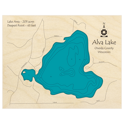 Bathymetric topo map of Alva Lake with roads, towns and depths noted in blue water