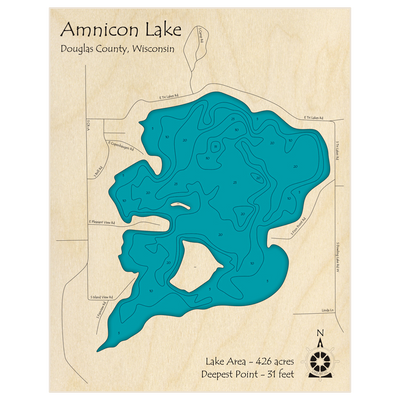 Bathymetric topo map of Amnicon Lake with roads, towns and depths noted in blue water