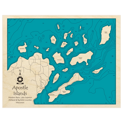 Bathymetric topo map of Apostle Islands with roads, towns and depths noted in blue water